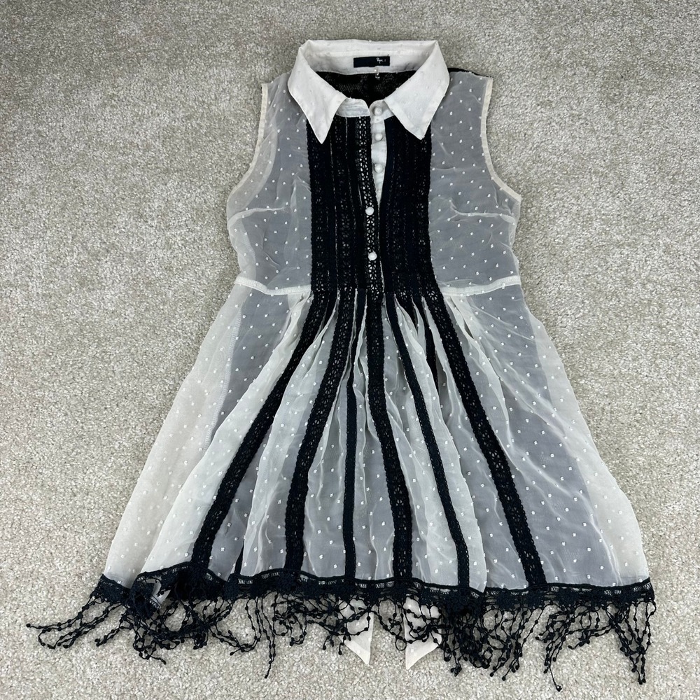 Ryu Sheer Swiss Dot Lace Tassel Sleeveless Blouse Top Black White Medium Boho